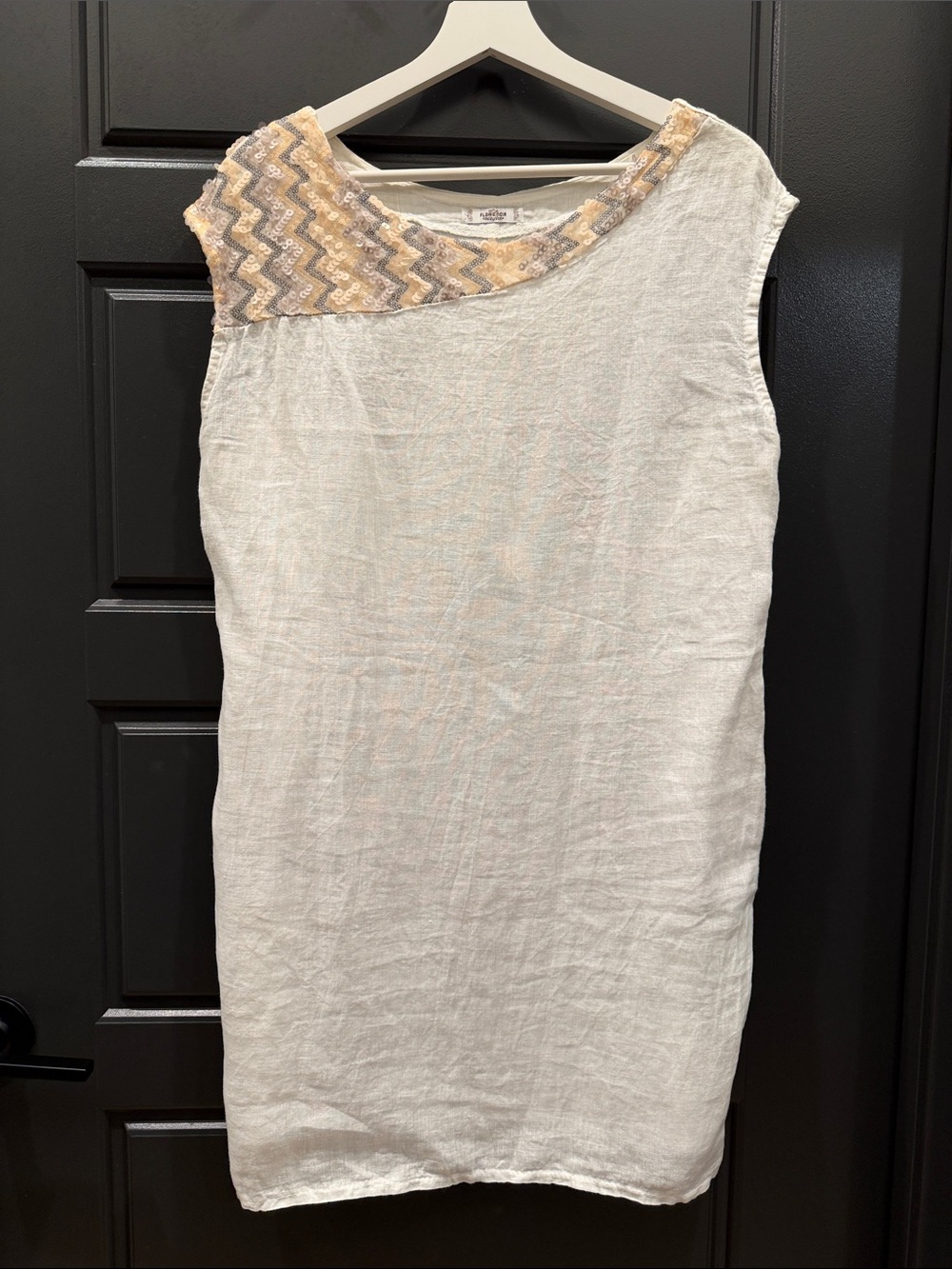 Sleeveless Cream Linen Dress with Gold & Gray Embellished Yoke size M